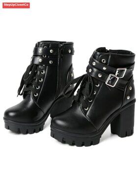 Platform Combat Boots Block Heel Ankle Booties Buckle Rivets Punk Goth